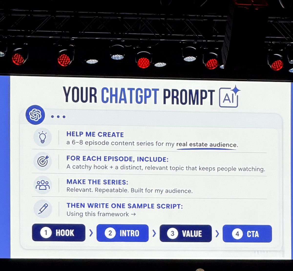 Slide showing a ChatGPT prompt for building a six to eight episode content series