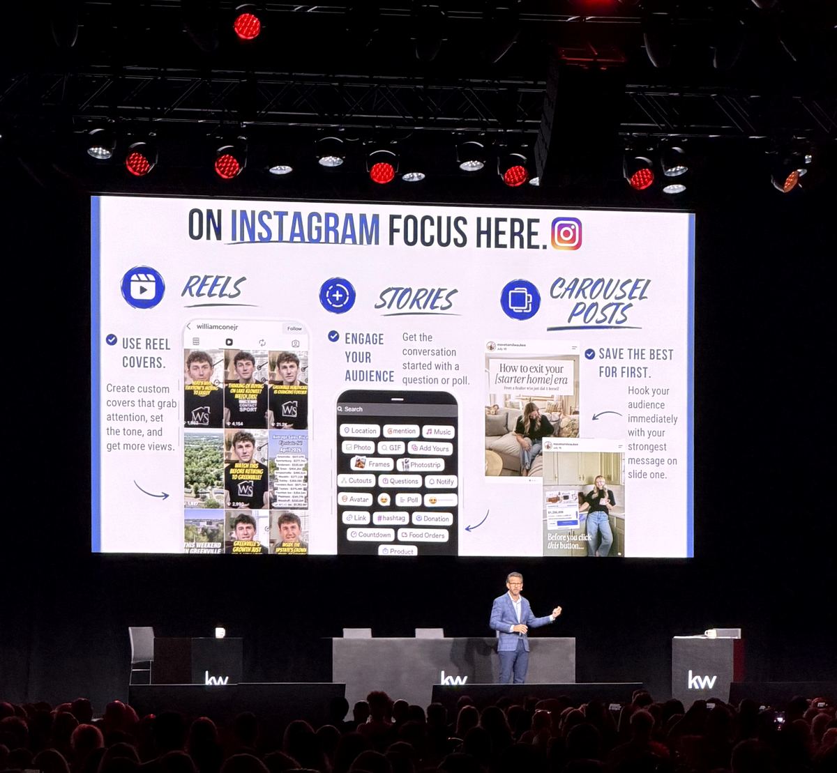 Slide showing what to focus on in Instagram: reels, stories and carousel posts