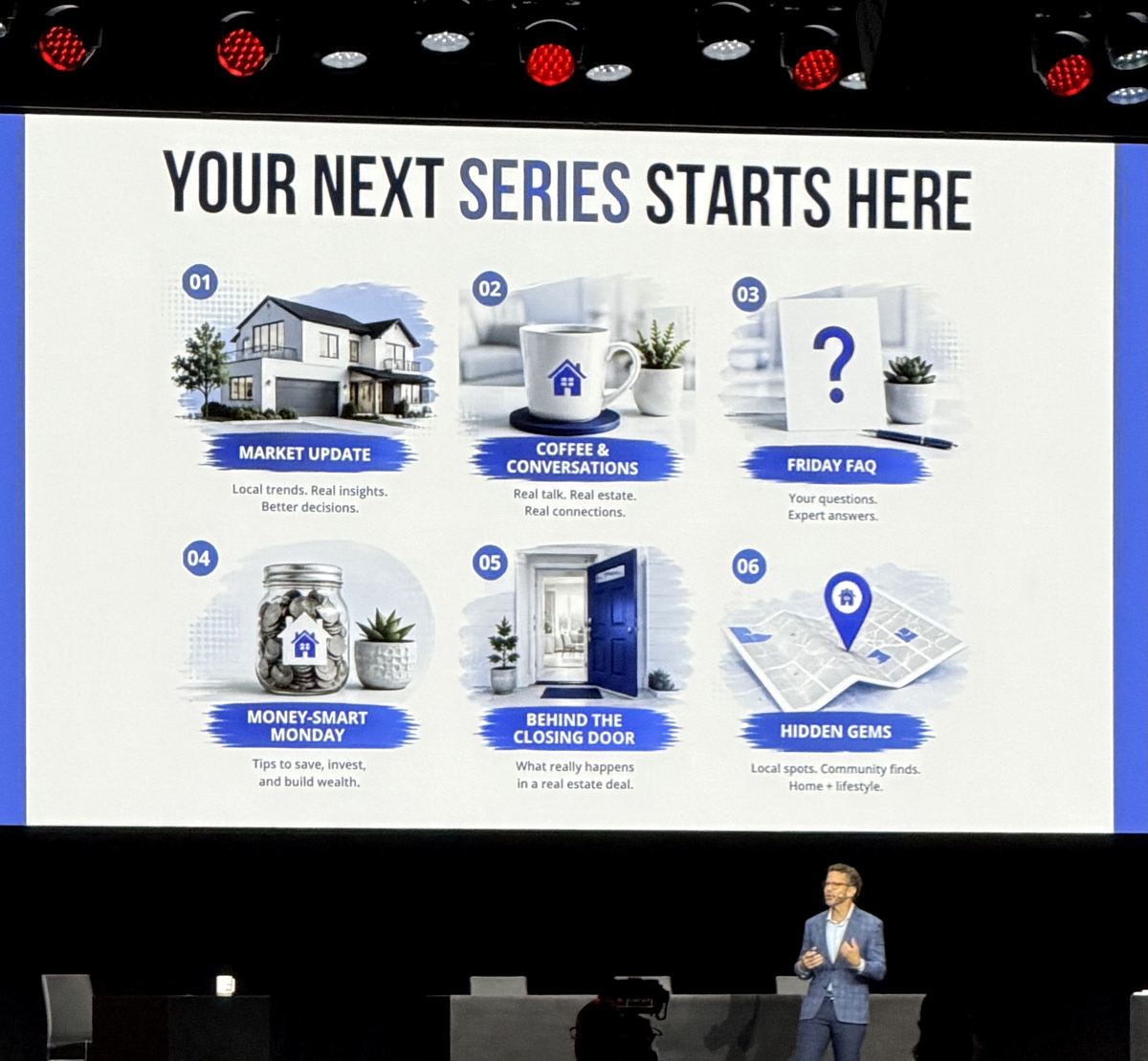 Slide showing six content series ideas for real estate agents with taglines