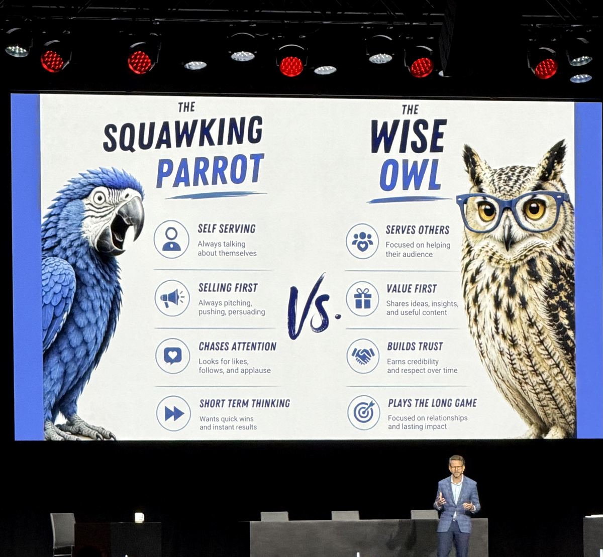 Slide comparing the squawking parrot and the wise owl across four traits